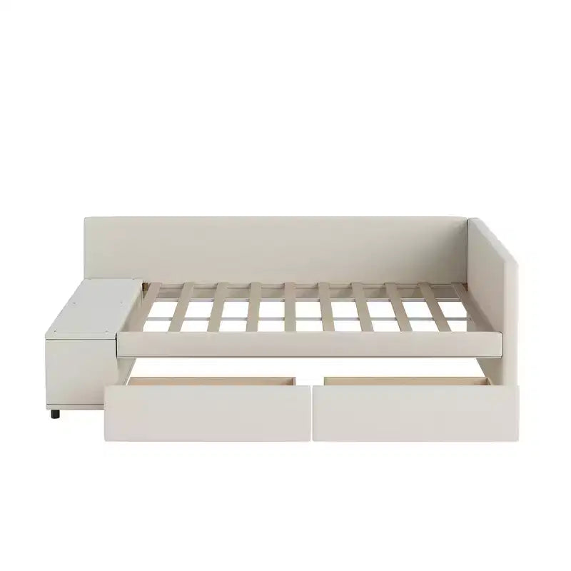 Twin Size L-Shaped Platform Bed with Wrap-Around Storage and Drawers, Sturdy and Durable Construction
