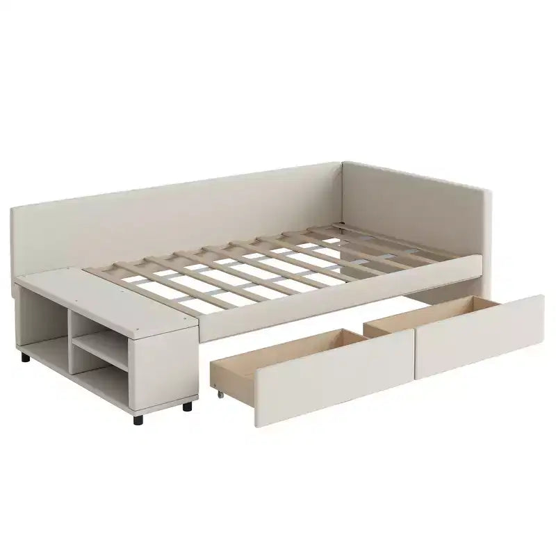 Twin Size L-Shaped Platform Bed with Wrap-Around Storage and Drawers, Sturdy and Durable Construction