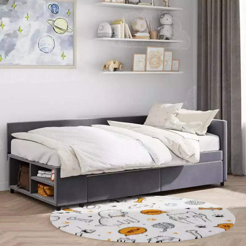 Twin Size L-Shaped Platform Bed with Wrap-Around Storage and Drawers, Sturdy and Durable Construction