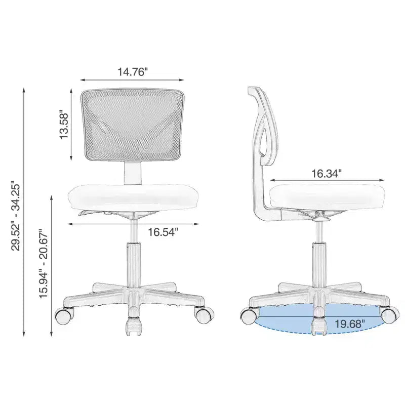 Chaise de bureau Chaise d'ordinateur sans bras en maille pour bureau à domicile, petite chaise de travail pivotante réglable à dossier bas pour adolescents et adultes, bleue