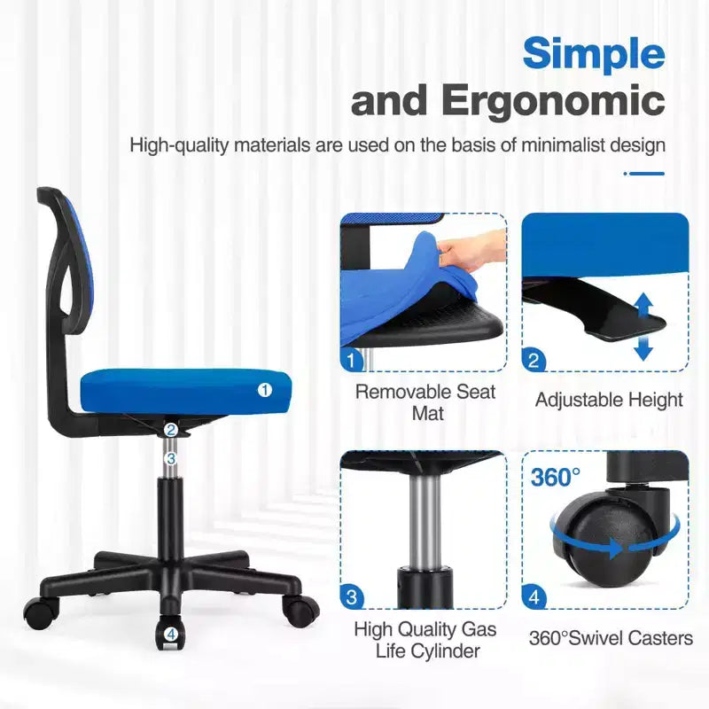 Chaise de bureau Chaise d'ordinateur sans bras en maille pour bureau à domicile, petite chaise de travail pivotante réglable à dossier bas pour adolescents et adultes, bleue