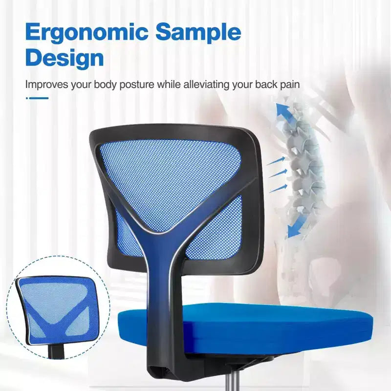 Chaise de bureau Chaise d'ordinateur sans bras en maille pour bureau à domicile, petite chaise de travail pivotante réglable à dossier bas pour adolescents et adultes, bleue