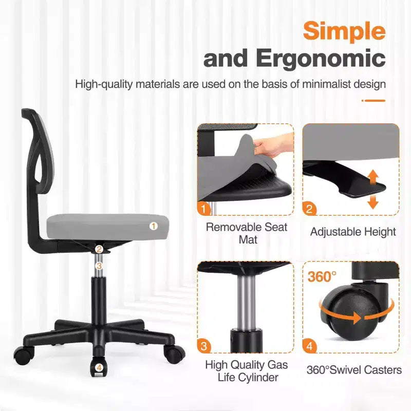Chaise de bureau Chaise d'ordinateur sans bras en maille pour bureau à domicile, petite chaise de travail pivotante réglable à dossier bas pour adolescents et adultes, bleue