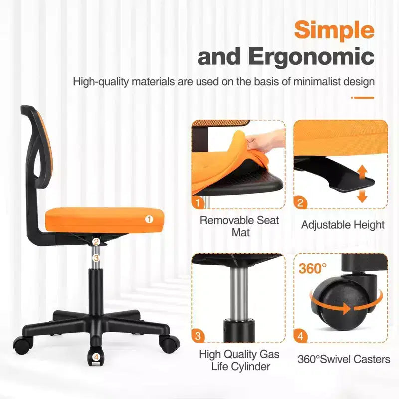 Chaise de bureau Chaise d'ordinateur sans bras en maille pour bureau à domicile, petite chaise de travail pivotante réglable à dossier bas pour adolescents et adultes, bleue