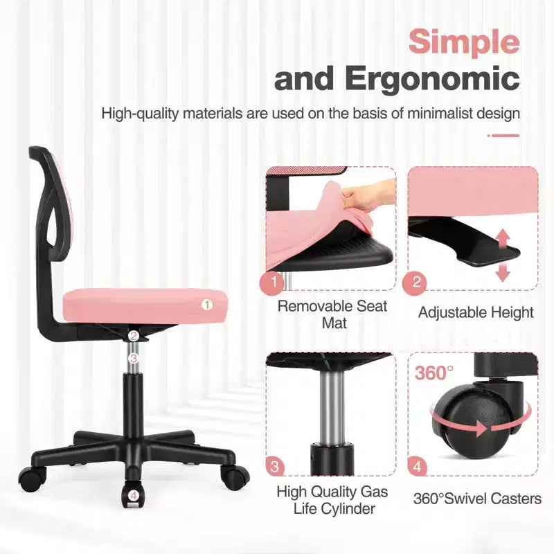 Chaise de bureau Chaise d'ordinateur sans bras en maille pour bureau à domicile, petite chaise de travail pivotante réglable à dossier bas pour adolescents et adultes, bleue