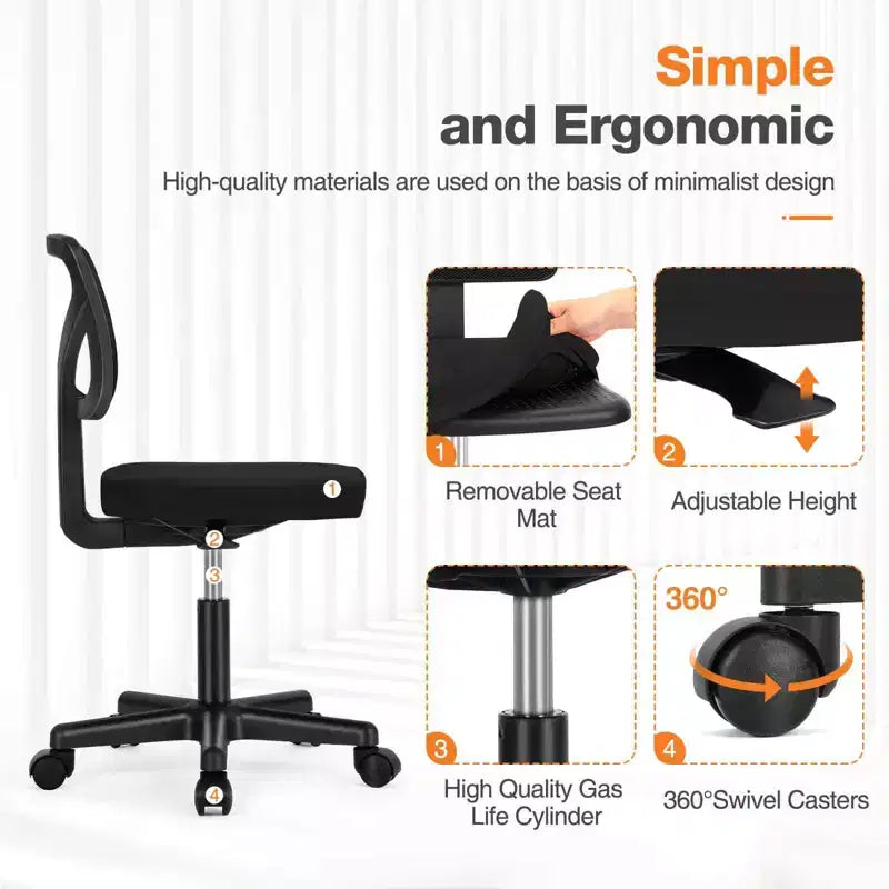 Chaise de bureau Chaise d'ordinateur sans bras en maille pour bureau à domicile, petite chaise de travail pivotante réglable à dossier bas pour adolescents et adultes, bleue