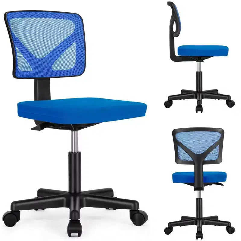 Chaise de bureau Chaise d'ordinateur sans bras en maille pour bureau à domicile, petite chaise de travail pivotante réglable à dossier bas pour adolescents et adultes, bleue