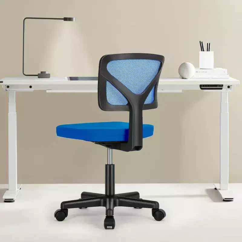Chaise de bureau Chaise d'ordinateur sans bras en maille pour bureau à domicile, petite chaise de travail pivotante réglable à dossier bas pour adolescents et adultes, bleue