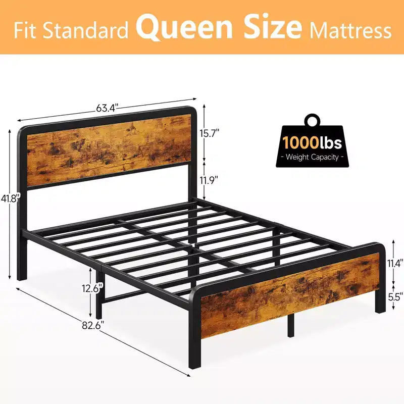Queen-size bed frame with wooden headboard and footboard  rustic-style platform bed featuring metal slats, simple assembly for bedroom use