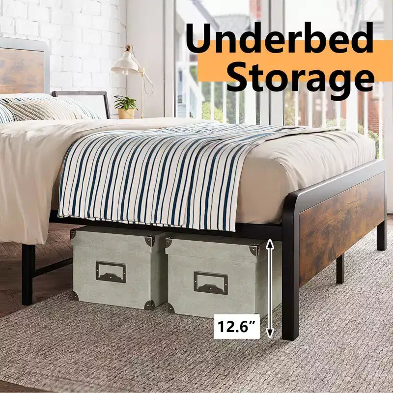 Queen-size bed frame with wooden headboard and footboard  rustic-style platform bed featuring metal slats, simple assembly for bedroom use