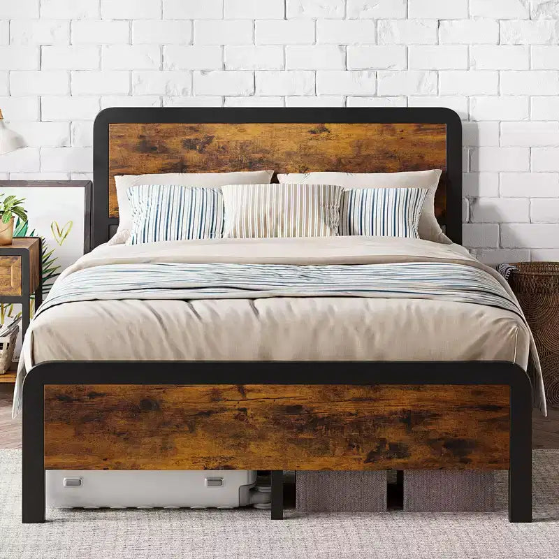 Queen-size bed frame with wooden headboard and footboard  rustic-style platform bed featuring metal slats, simple assembly for bedroom use