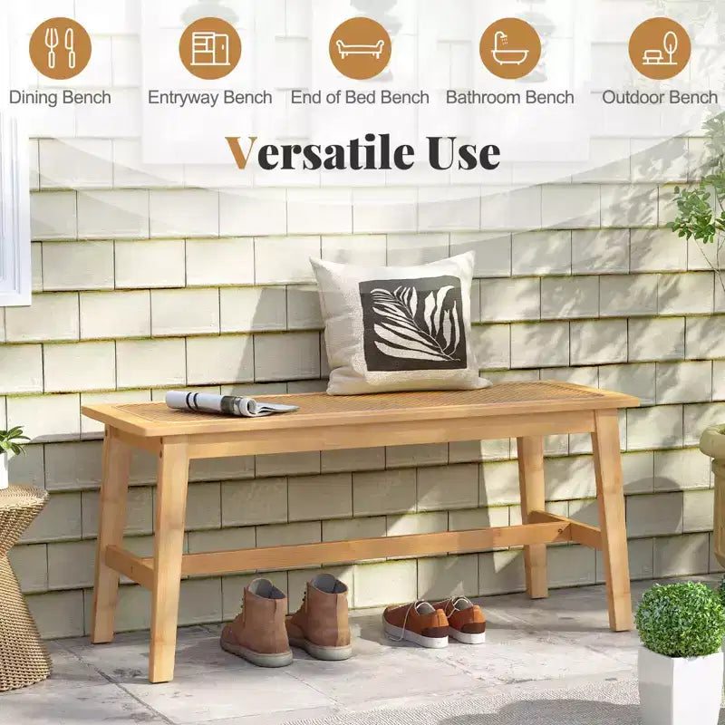 39.5'' Bamboo Dining Bench with Handwoven Rattan Seat, Wooden Entryway Bench