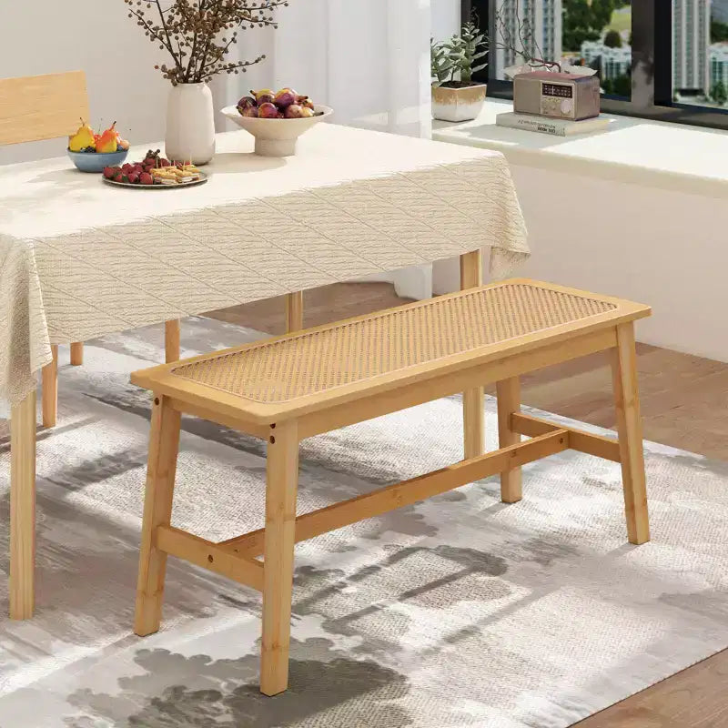 39.5'' Bamboo Dining Bench with Handwoven Rattan Seat, Wooden Entryway Bench