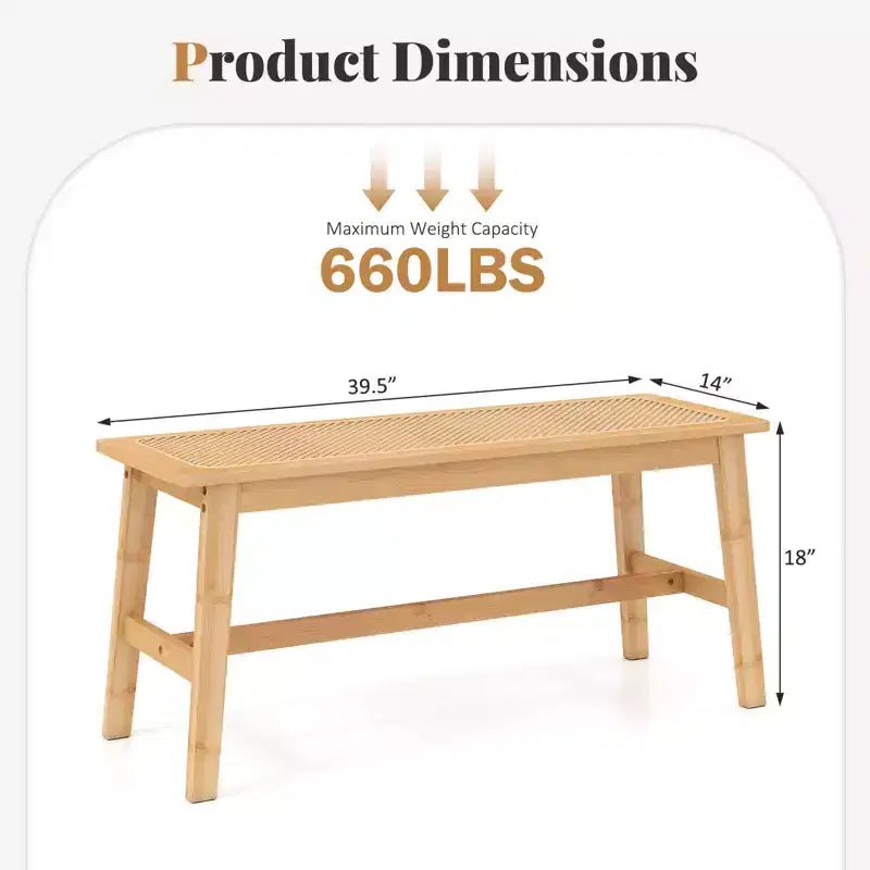 39.5'' Bamboo Dining Bench with Handwoven Rattan Seat, Wooden Entryway Bench