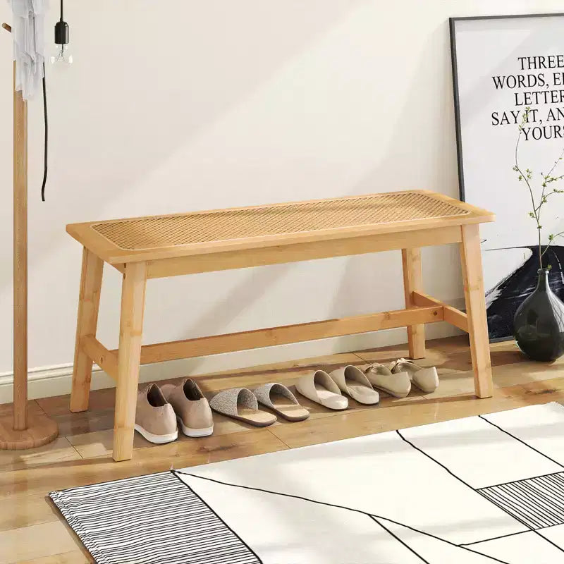 39.5'' Bamboo Dining Bench with Handwoven Rattan Seat, Wooden Entryway Bench