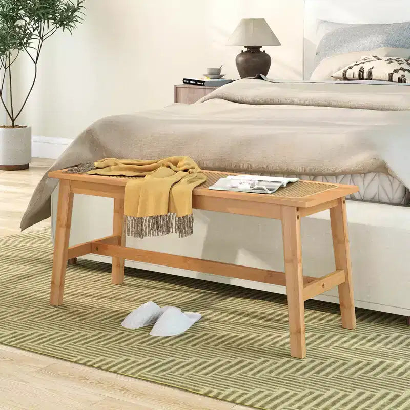 39.5'' Bamboo Dining Bench with Handwoven Rattan Seat, Wooden Entryway Bench