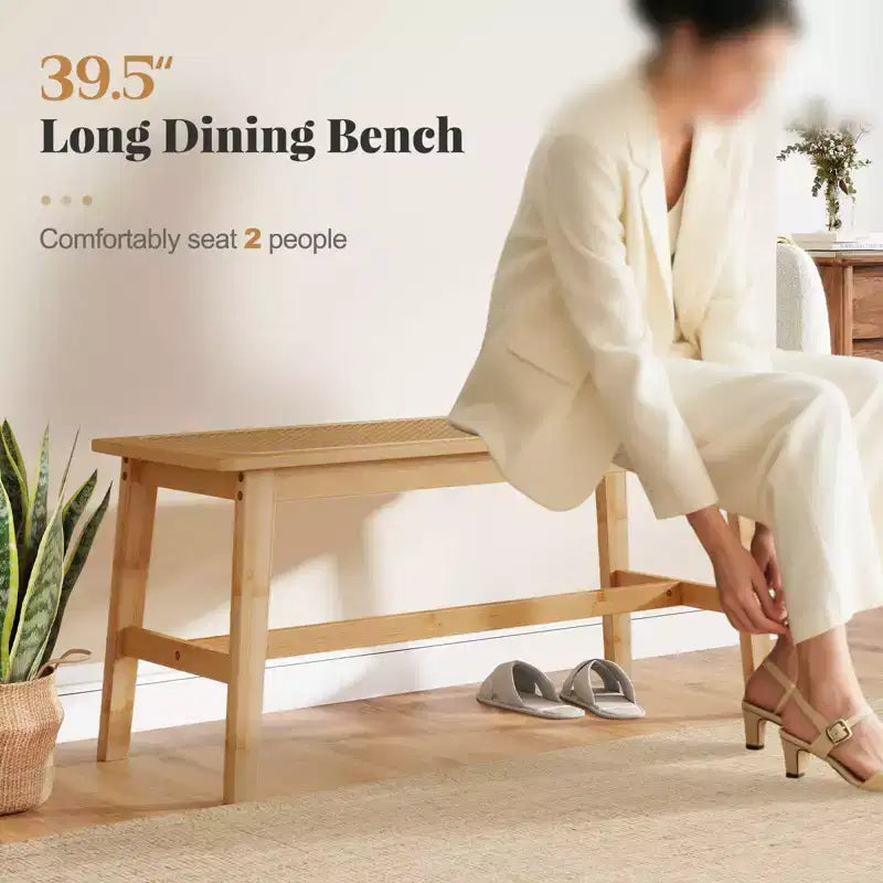 39.5'' Bamboo Dining Bench with Handwoven Rattan Seat, Wooden Entryway Bench
