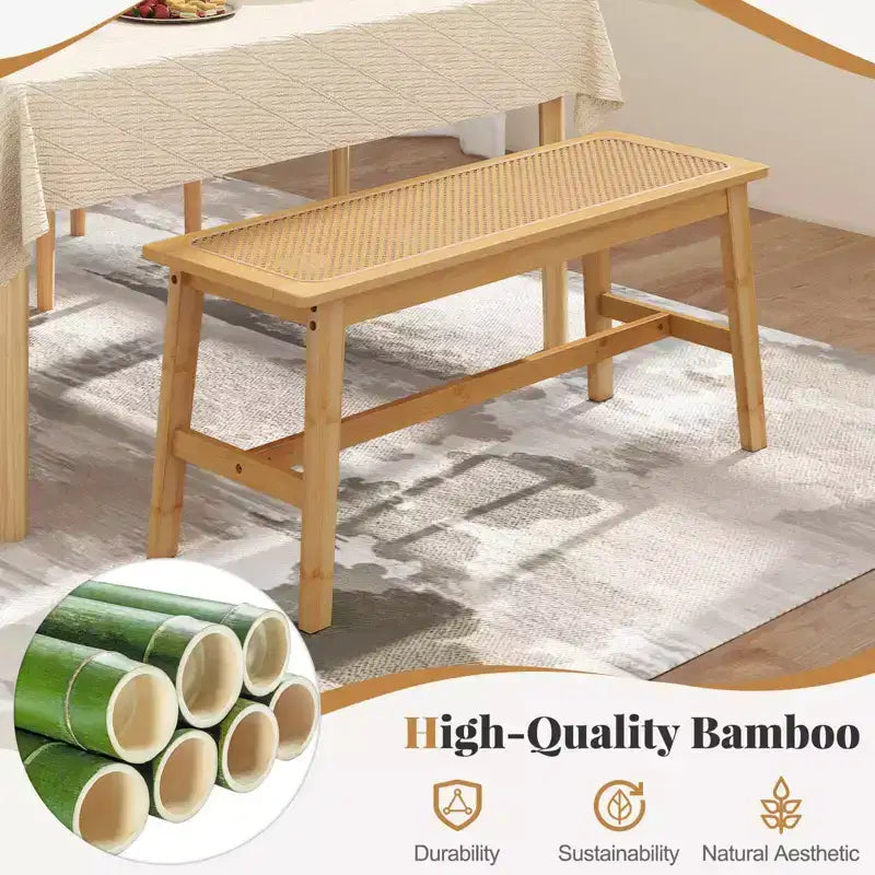 39.5'' Bamboo Dining Bench with Handwoven Rattan Seat, Wooden Entryway Bench