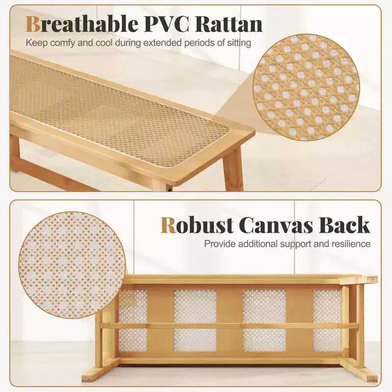 39.5'' Bamboo Dining Bench with Handwoven Rattan Seat, Wooden Entryway Bench