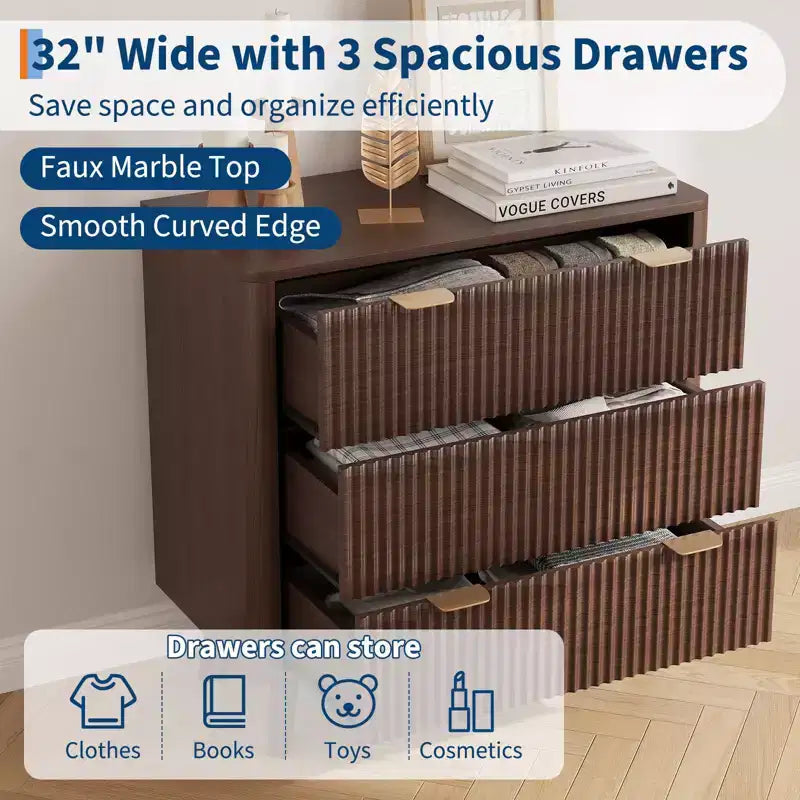 32'' Farmhouse Fluted Nightstand, Modern 3 Drawer Bedside Table with Gold Handle, Waveform Panels End Table
