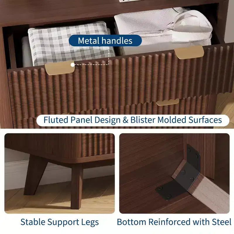 32'' Farmhouse Fluted Nightstand, Modern 3 Drawer Bedside Table with Gold Handle, Waveform Panels End Table