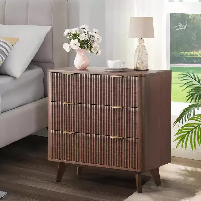 32'' Farmhouse Fluted Nightstand, Modern 3 Drawer Bedside Table with Gold Handle, Waveform Panels End Table