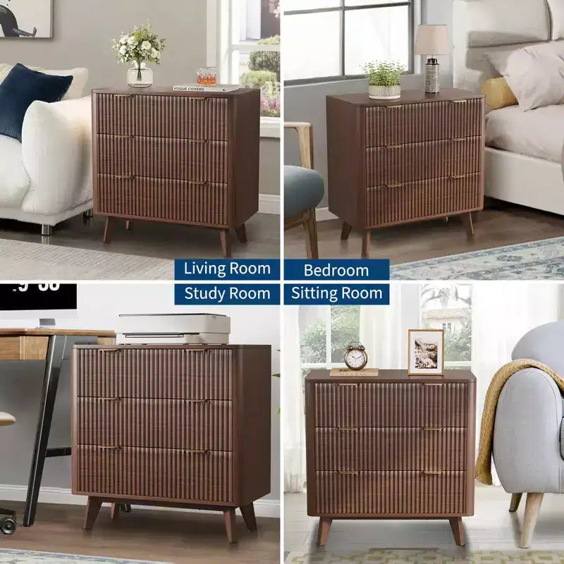 32'' Farmhouse Fluted Nightstand, Modern 3 Drawer Bedside Table with Gold Handle, Waveform Panels End Table