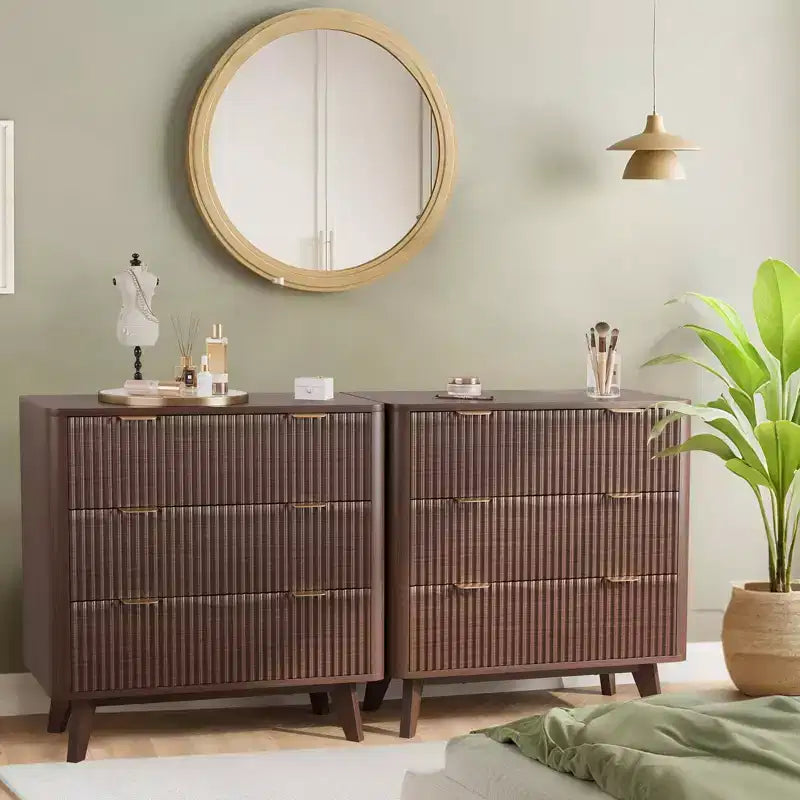 32'' Farmhouse Fluted Nightstand, Modern 3 Drawer Bedside Table with Gold Handle, Waveform Panels End Table