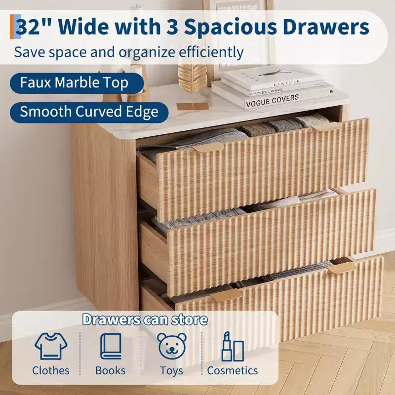 32'' Farmhouse Fluted Nightstand, Modern 3 Drawer Bedside Table with Gold Handle, Waveform Panels End Table