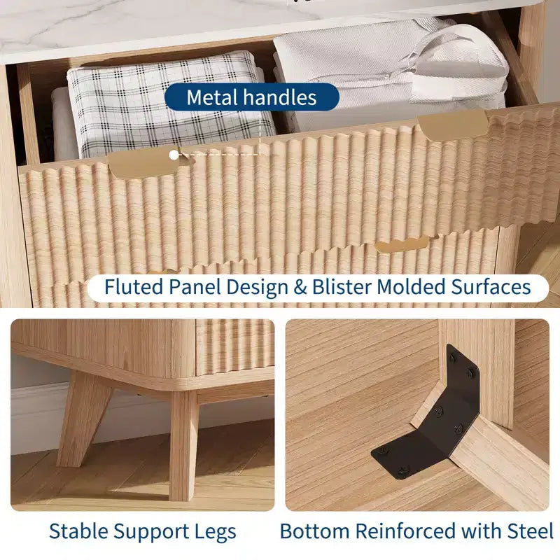 32'' Farmhouse Fluted Nightstand, Modern 3 Drawer Bedside Table with Gold Handle, Waveform Panels End Table