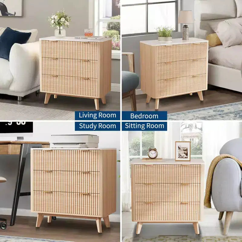 32'' Farmhouse Fluted Nightstand, Modern 3 Drawer Bedside Table with Gold Handle, Waveform Panels End Table