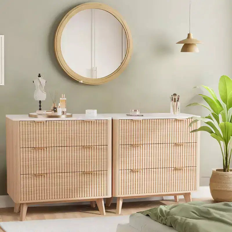 32'' Farmhouse Fluted Nightstand, Modern 3 Drawer Bedside Table with Gold Handle, Waveform Panels End Table