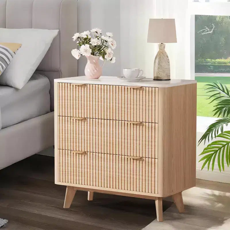 32'' Farmhouse Fluted Nightstand, Modern 3 Drawer Bedside Table with Gold Handle, Waveform Panels End Table