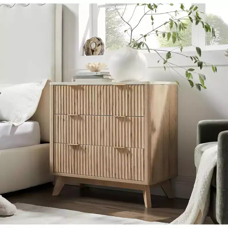 GustoWave 32'' Farmhouse Fluted Nightstand, Modern 3 Drawer Bedside Table with Gold Handle, Waveform Panels End Table