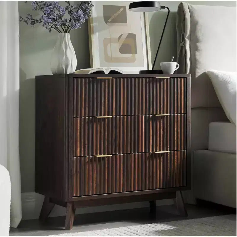 32'' Farmhouse Fluted Nightstand, Modern 3 Drawer Bedside Table with Gold Handle, Waveform Panels End Table