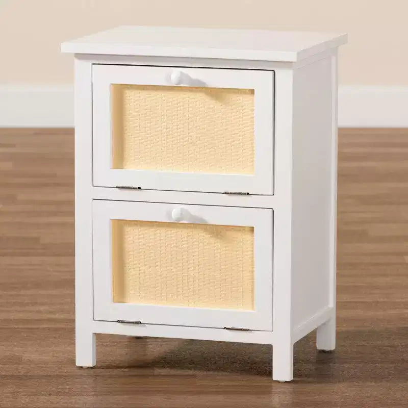 Chevet 2 portes en bois et rotin blanc