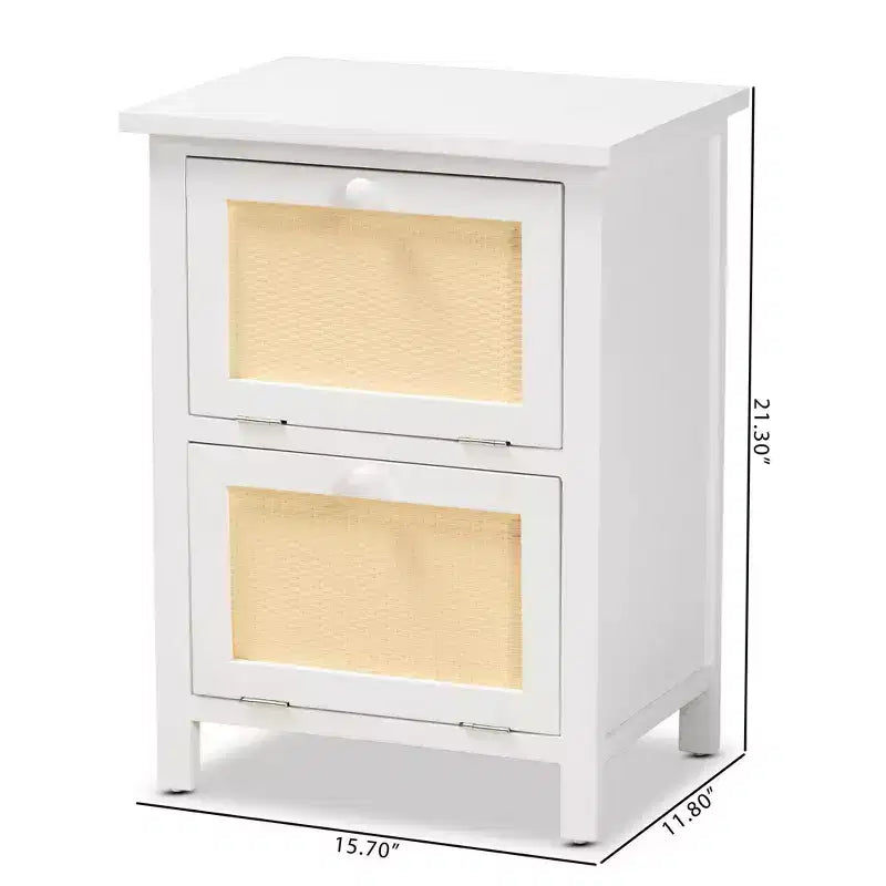 Chevet 2 portes en bois et rotin blanc