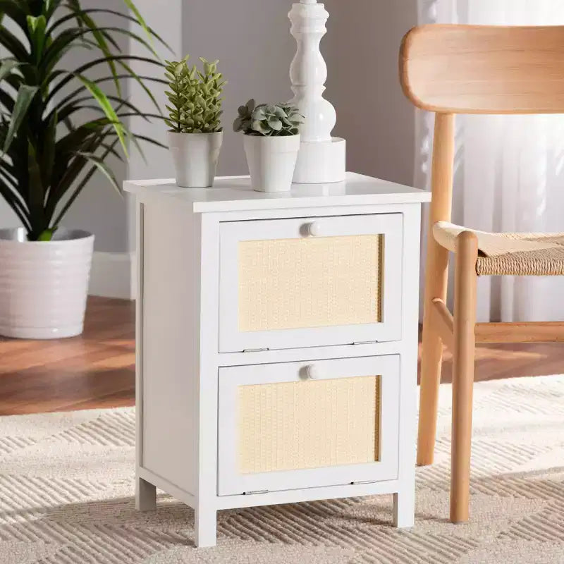 Chevet 2 portes en bois et rotin blanc