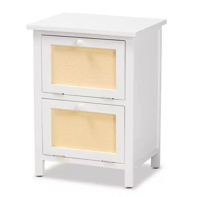 Chevet 2 portes en bois et rotin blanc