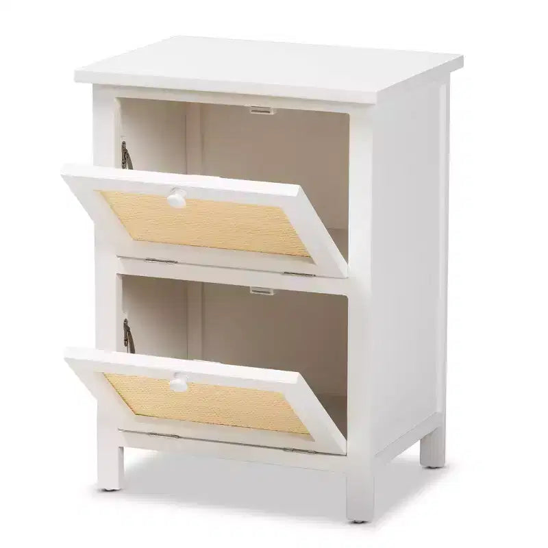 Chevet 2 portes en bois et rotin blanc