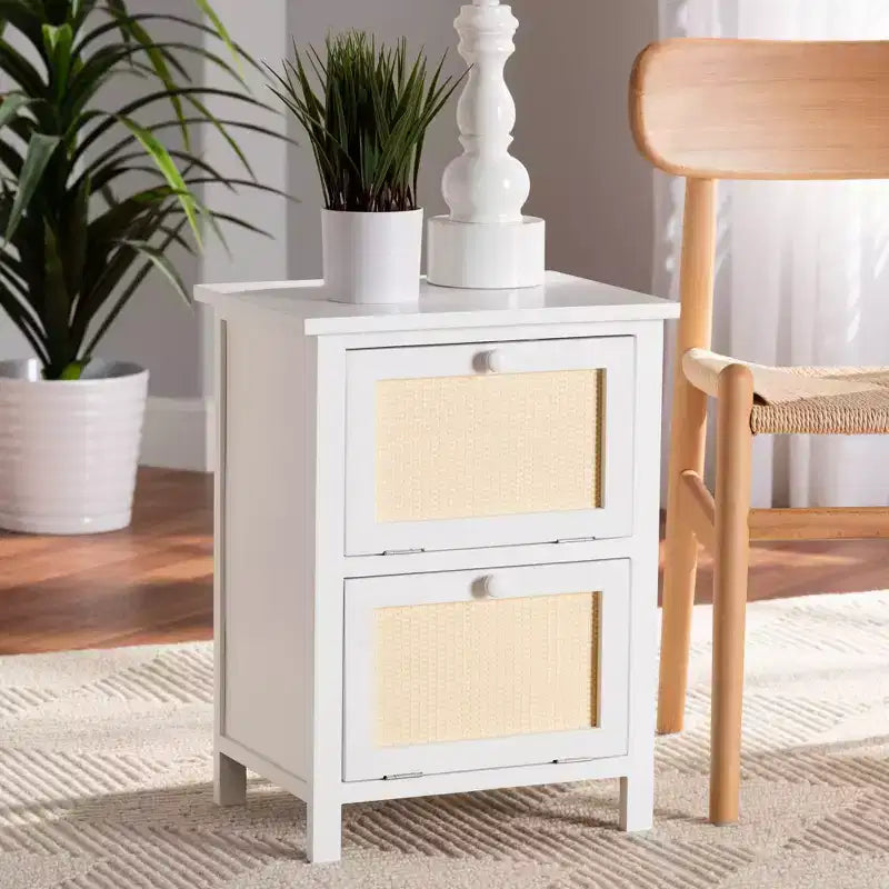 Chevet 2 portes en bois et rotin blanc