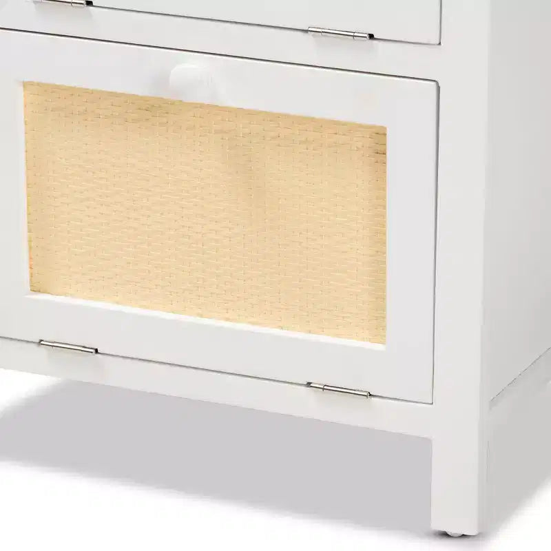 Chevet 2 portes en bois et rotin blanc