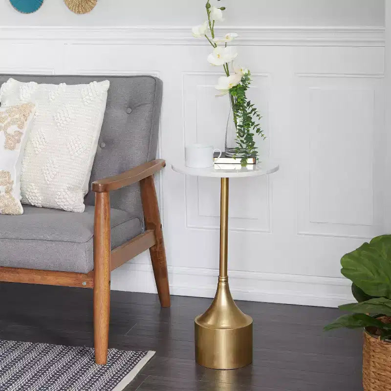 Contemporary Metal and Marble Pedestal Accent Table Gold