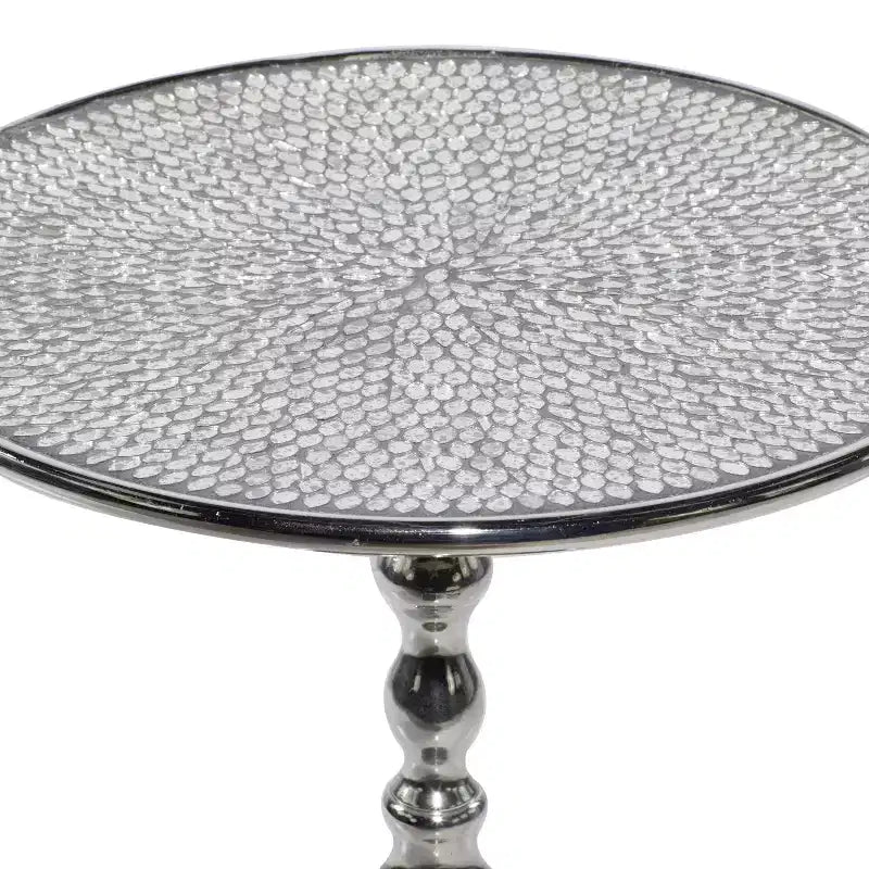 Table piédestal en aluminium Glam argenté : Accent de luxe rond, 50,8 cm de hauteur, plateau en métal, 39,6 cm de largeur
