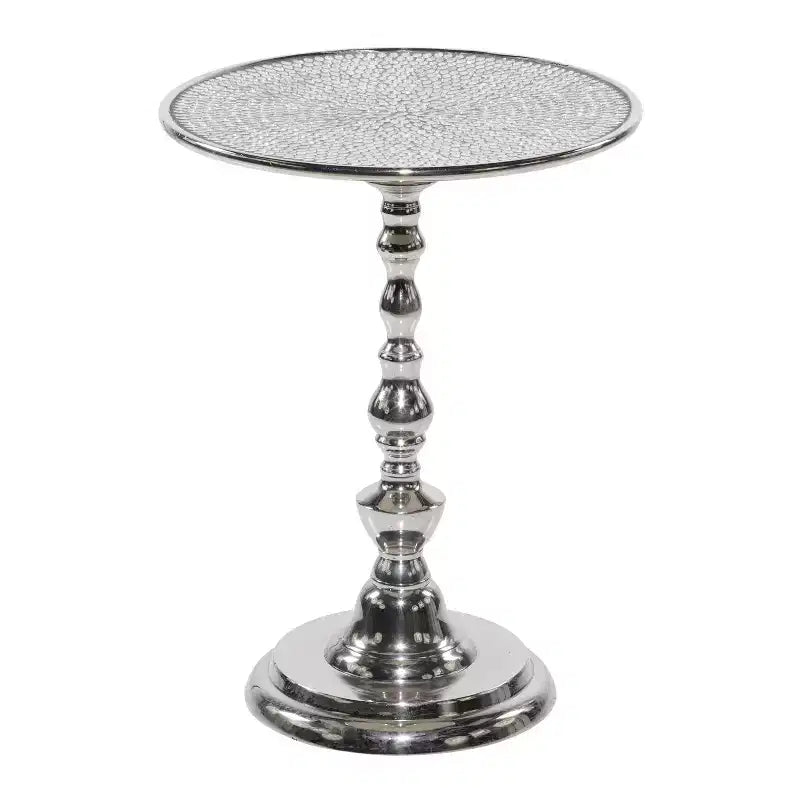 Table piédestal en aluminium Glam argenté : Accent de luxe rond, 50,8 cm de hauteur, plateau en métal, 39,6 cm de largeur