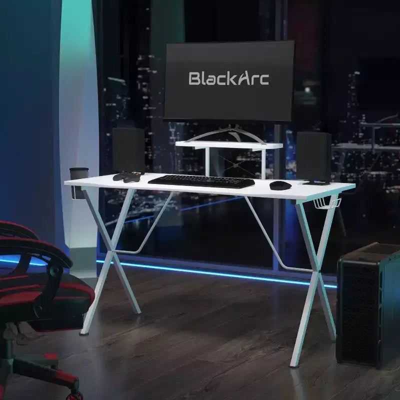 Bureau gaming avec plateau stratifié et cadre en acier - Porte-gobelet détachable, crochet pour casque et support smartphone/écran