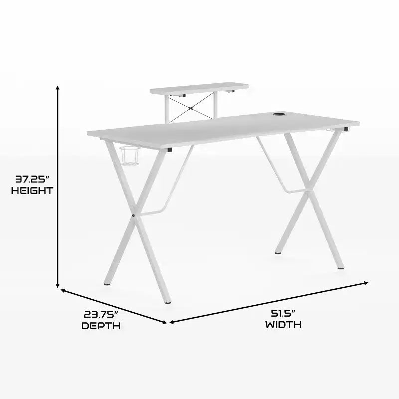 Bureau gaming avec plateau stratifié et cadre en acier - Porte-gobelet détachable, crochet pour casque et support smartphone/écran