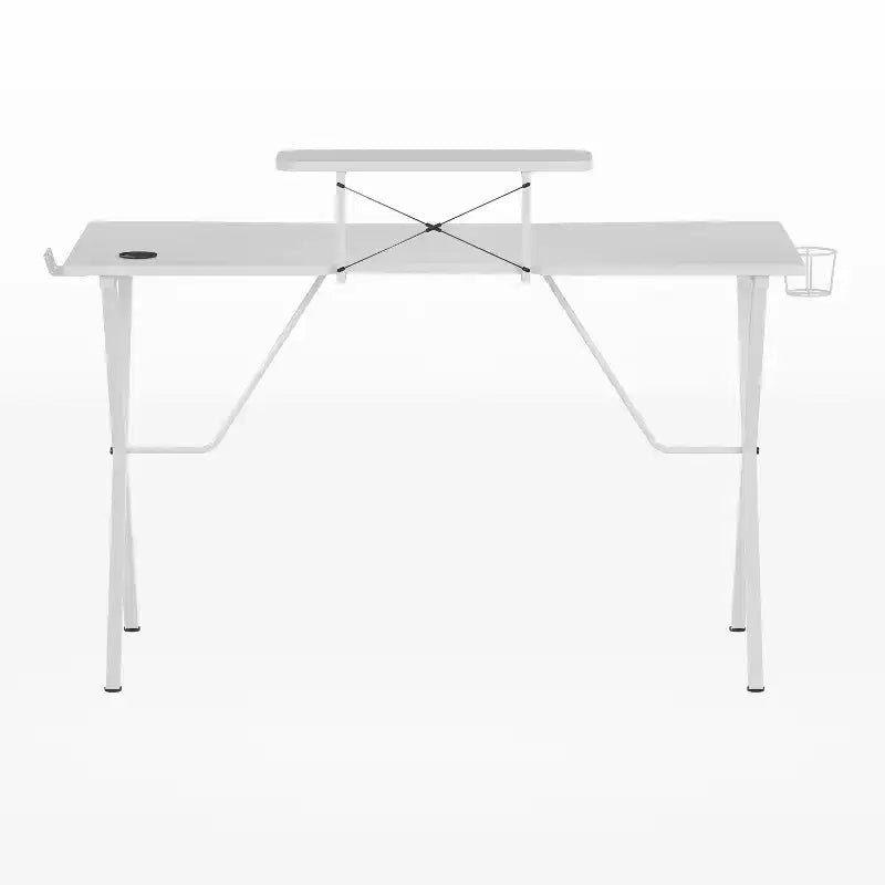 Bureau gaming avec plateau stratifié et cadre en acier - Porte-gobelet détachable, crochet pour casque et support smartphone/écran