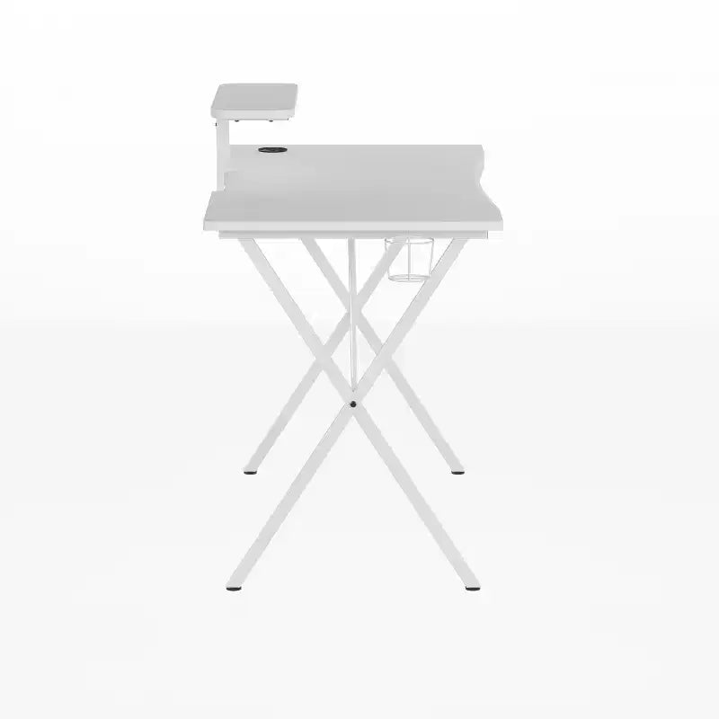 Bureau gaming avec plateau stratifié et cadre en acier - Porte-gobelet détachable, crochet pour casque et support smartphone/écran