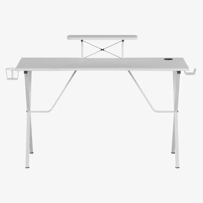Bureau gaming avec plateau stratifié et cadre en acier - Porte-gobelet détachable, crochet pour casque et support smartphone/écran